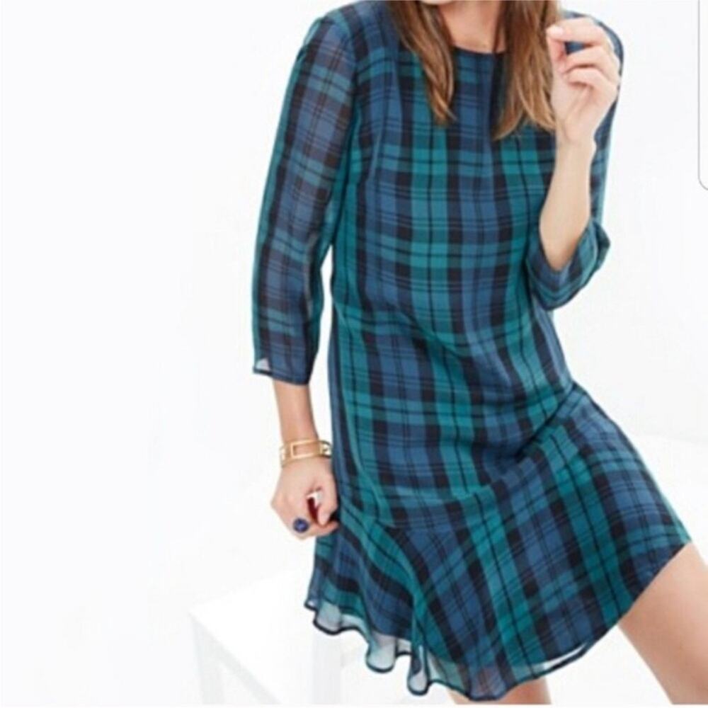 Madewell Plaid Larkin Dress 100% Silk Green Blue Ruffle Size 8 Holiday